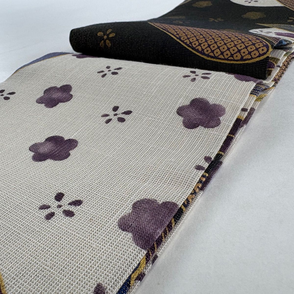  半幅帯 枝葉 梅 金糸 金彩 ベージュ 正絹 半巾 半幅 小袋帯 帯