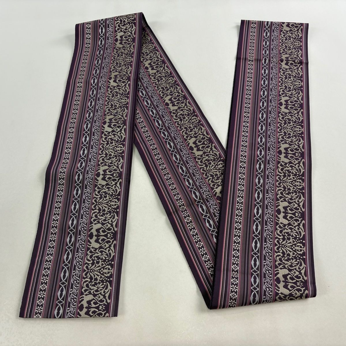  半幅帯 やまと 動物 草花 紫 正絹 半巾 半幅 小袋帯 帯