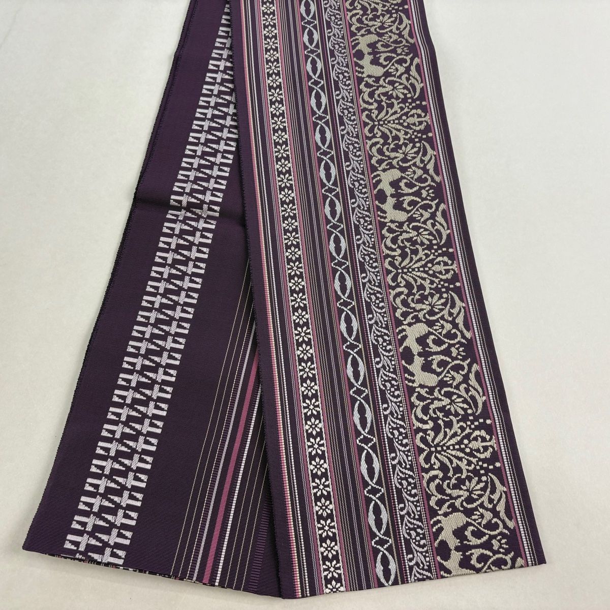 半幅帯 やまと 動物 草花 紫 正絹