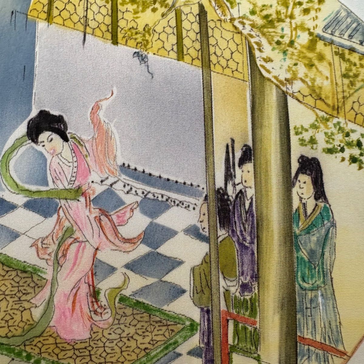 名古屋帯 秀品 器物 人物 ぼかし 深緑 正絹