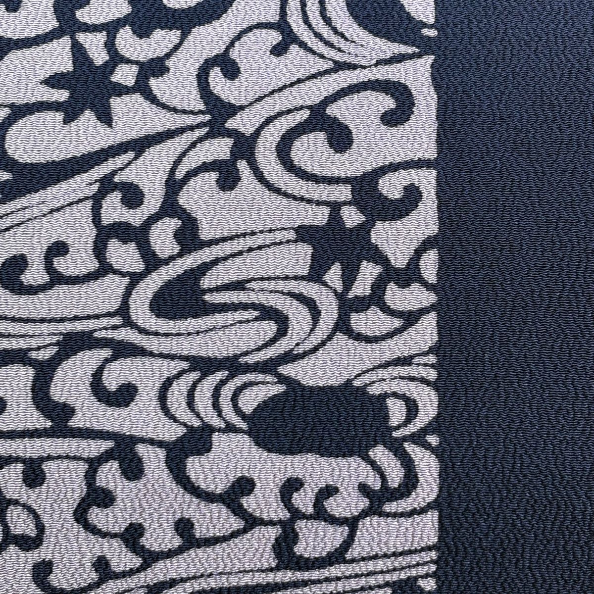 名古屋帯 秀品 落款 伊勢型染 波頭 葉柄 縮緬 紺色 正絹