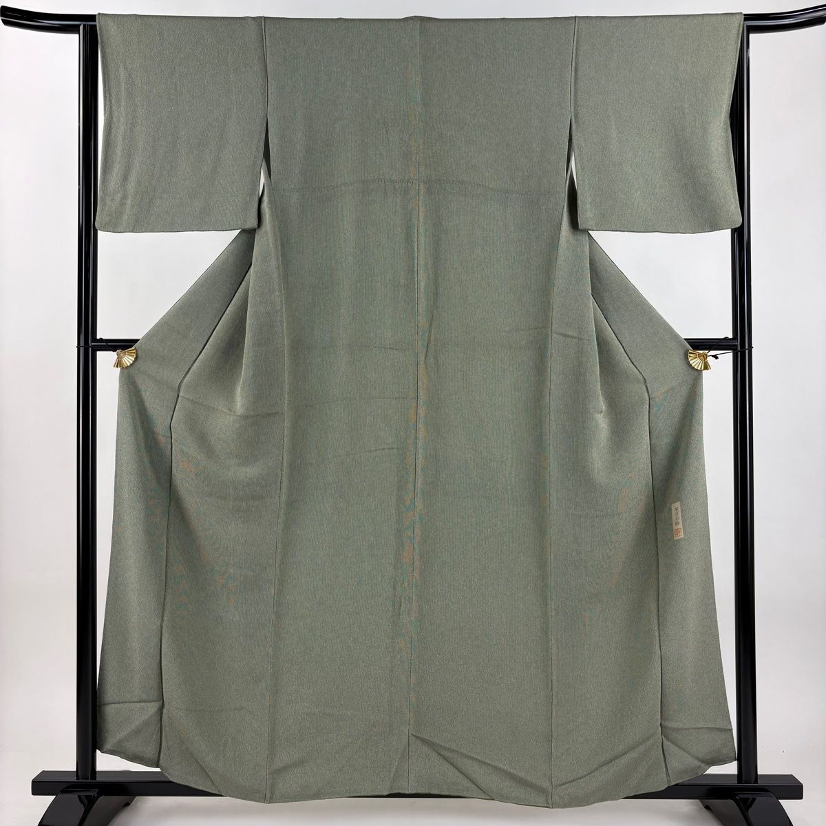 小紋 身丈158 cm 裄丈65 M 袷 落款 縦縞模様 縮緬 本草木染 灰緑 正絹