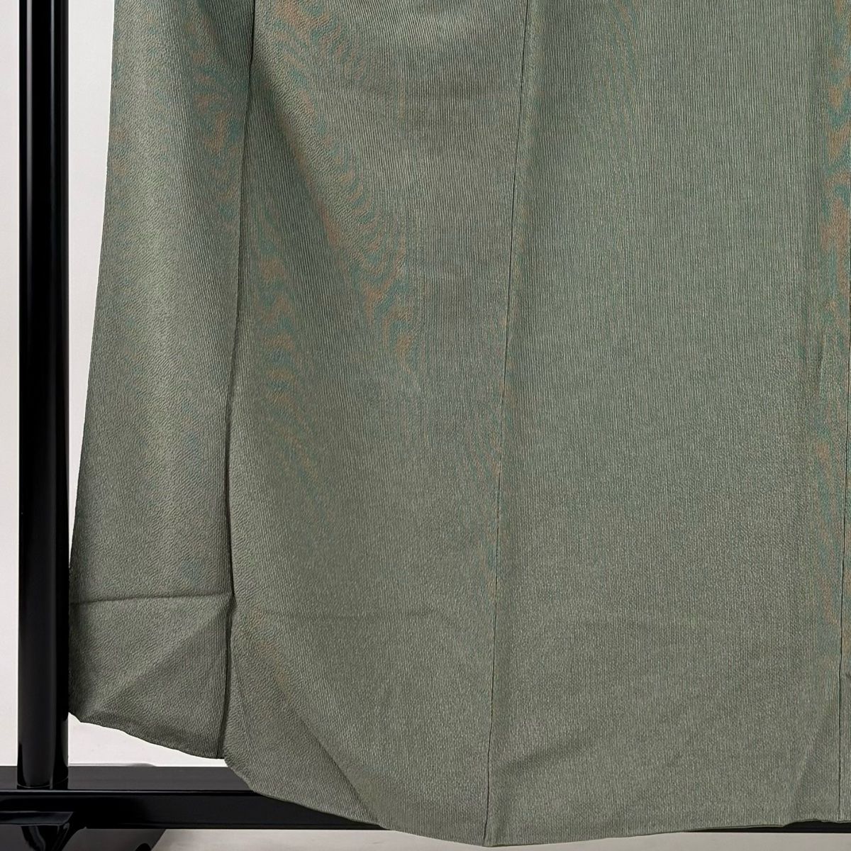 小紋 身丈158 cm 裄丈65 M 袷 落款 縦縞模様 縮緬 本草木染 灰緑 正絹