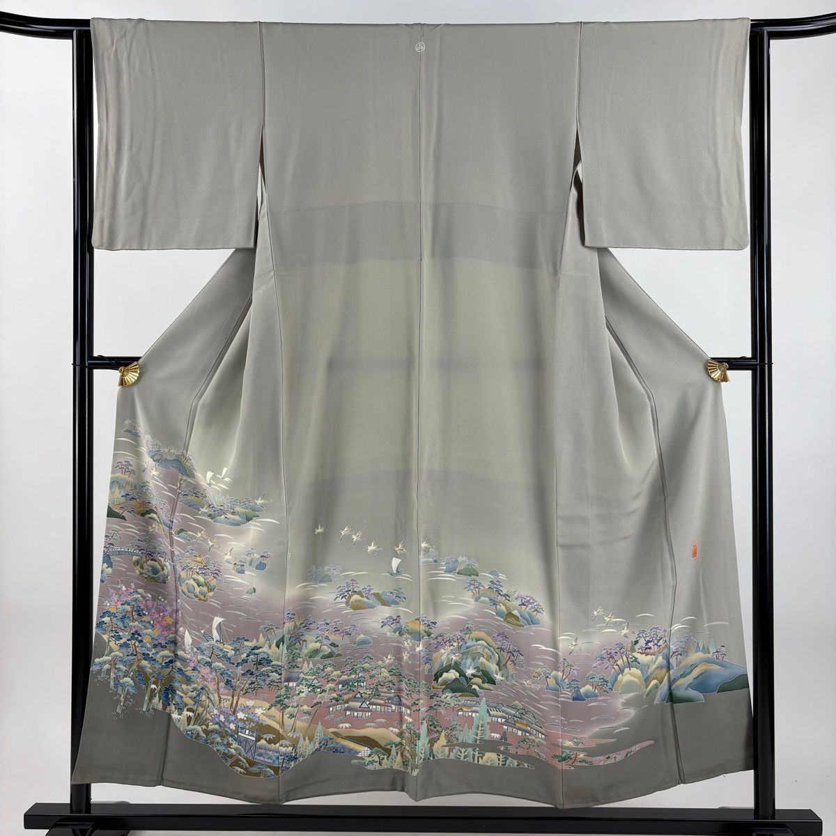 色留袖 身丈152 cm 裄丈63 S 袷 稲手明仁 落款 風景 松竹梅 ぼかし 灰茶 正絹 名品 一つ紋