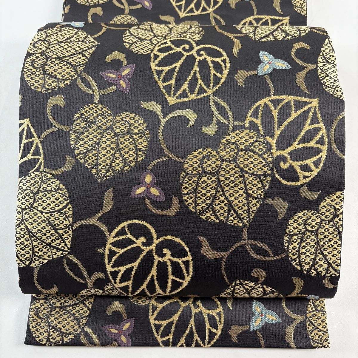 美品】 袋帯 名品 証紙 本場博多織 葵 箔 焦茶色 六通 正絹