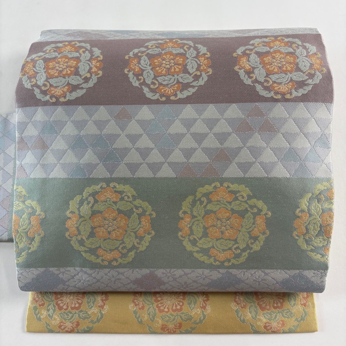 名古屋帯 名品 華文 花菱 金糸 灰紫 正絹