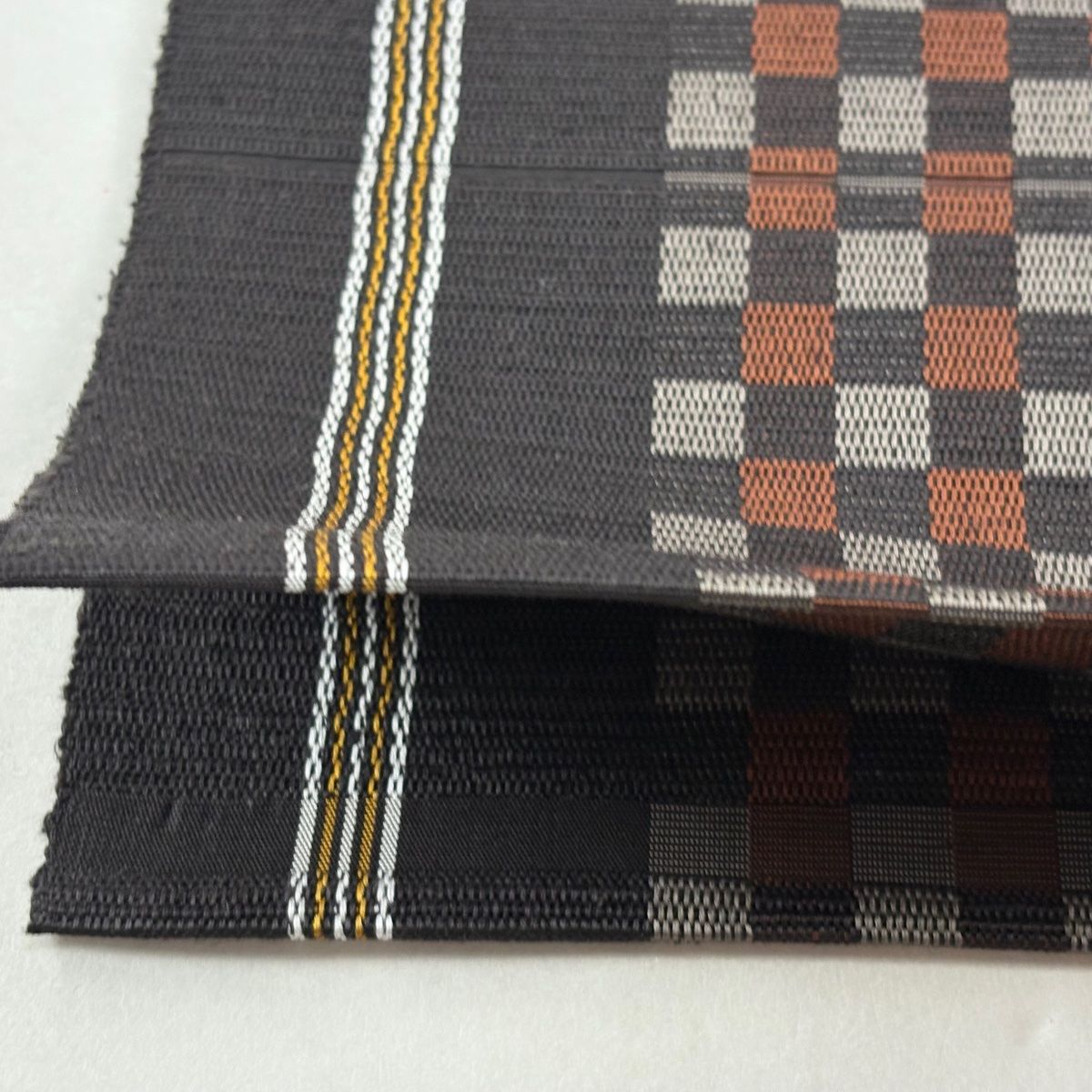 美品】 名古屋帯 逸品 証紙 八寸名古屋帯 市松 縞 本場黄八丈 焦茶色