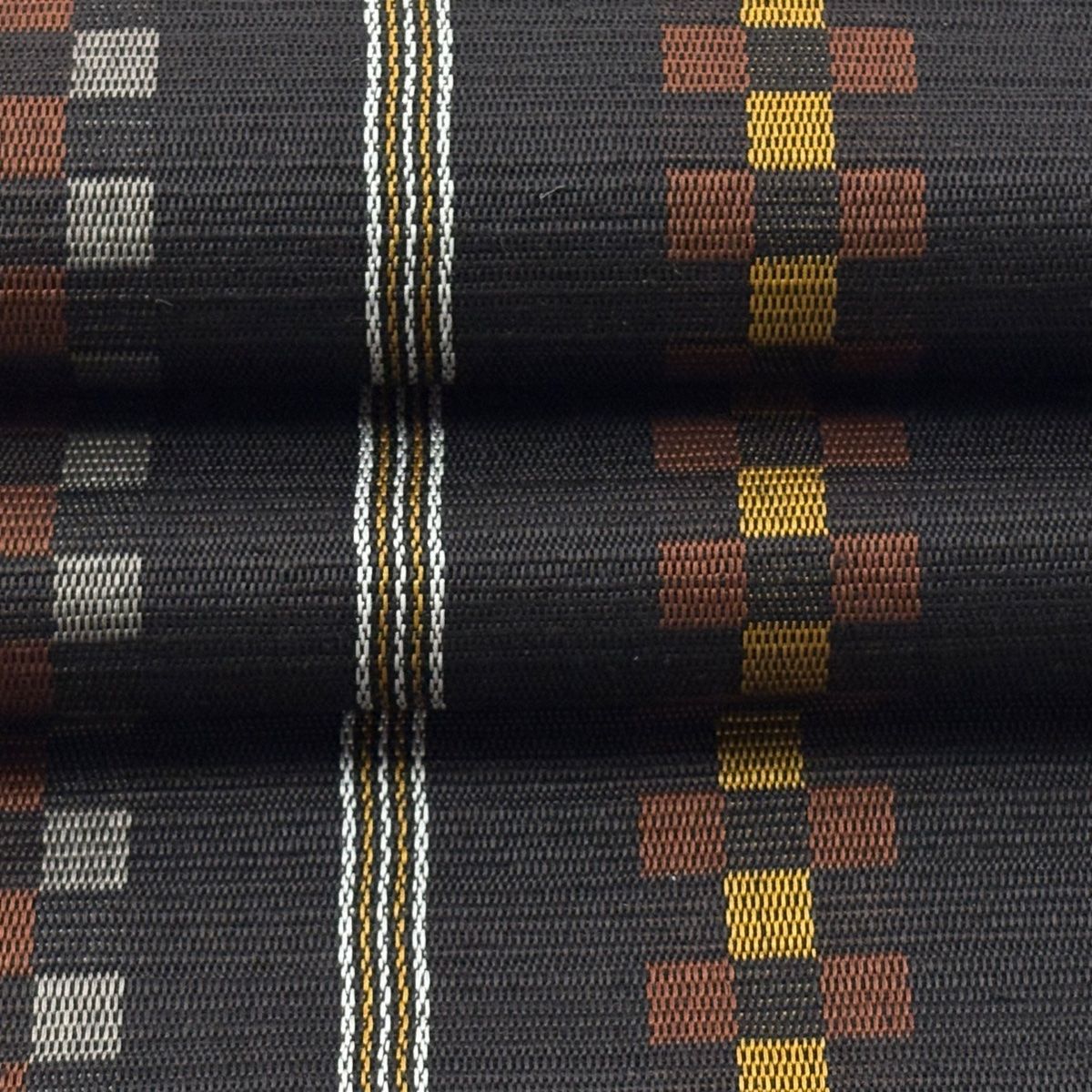 美品】 名古屋帯 逸品 証紙 八寸名古屋帯 市松 縞 本場黄八丈 焦茶色