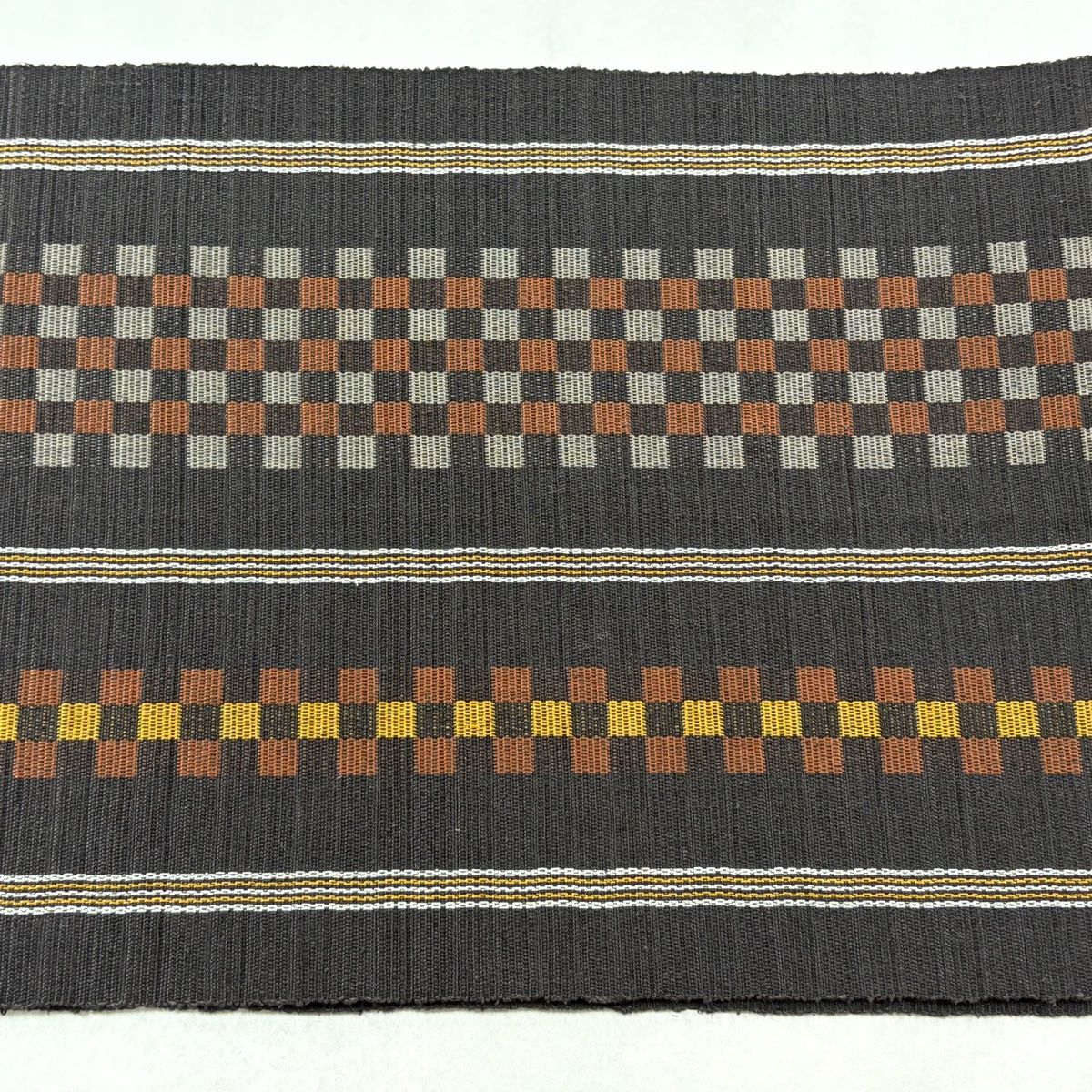 美品】 名古屋帯 逸品 証紙 八寸名古屋帯 市松 縞 本場黄八丈 焦茶色