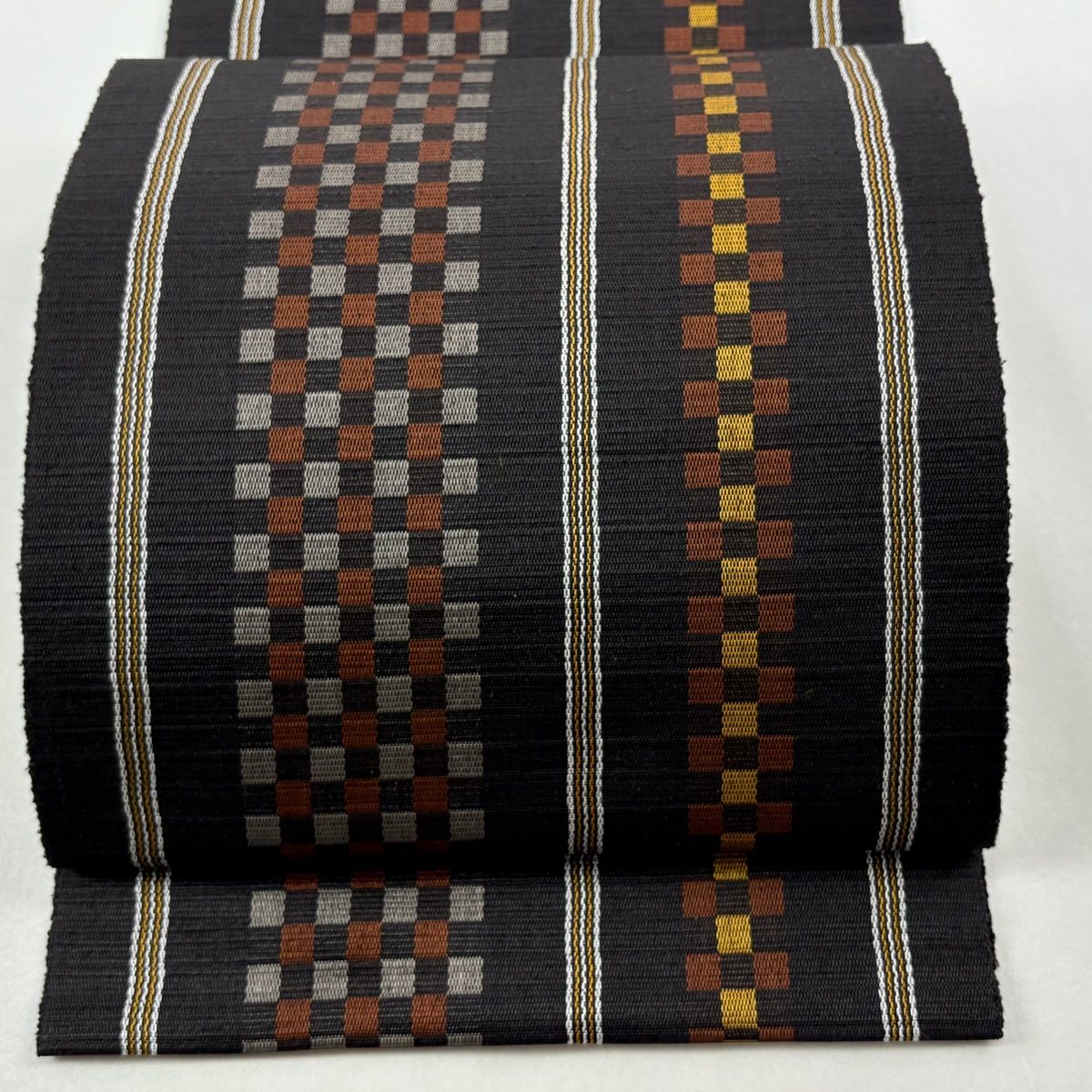 黄八丈逸品名古屋帯（中古品） 美品】 名古屋帯 逸品 証紙 八寸名古屋帯 市松 縞 本場黄八丈 焦茶色