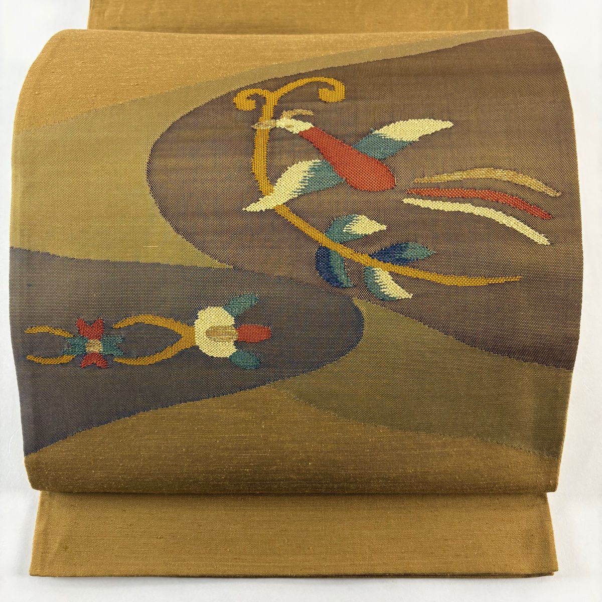 洒落袋帯 生紬 丸に鳥 染め柄 お太鼓柄 着物 正絹 T-8310 紬袋帯 洒落帯 すくい織 正絹 花鳥柄 渋い朱赤 着物 kimonolove