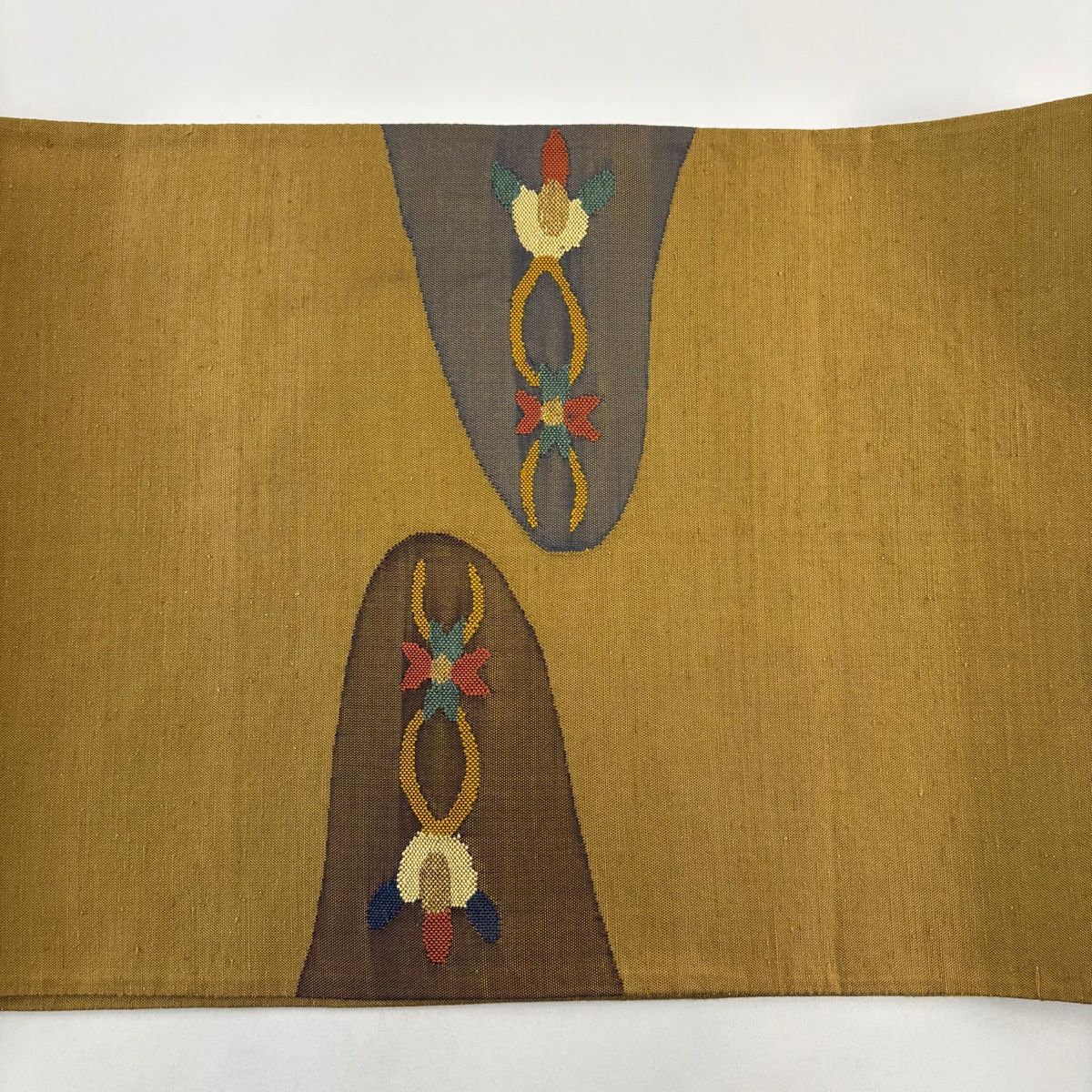 美品】 袋帯 秀品 紬地 花喰い鳥 花 金糸 黄土色 お太鼓柄 正絹 【中古