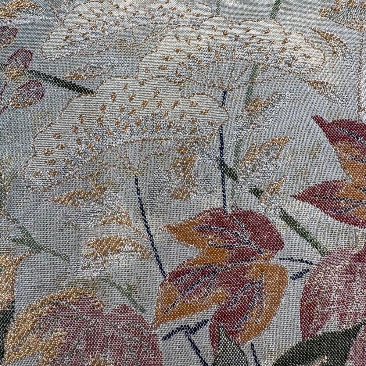 美品】 袋帯 秀品 琳派佳撰集 優粋 菊 女郎花 金糸 箔 灰緑 六通 正絹