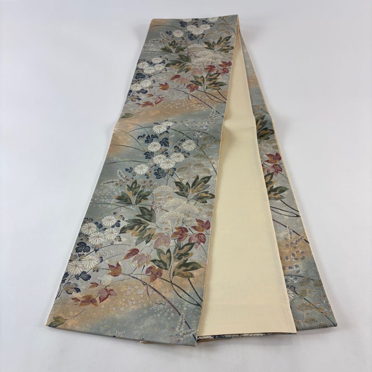 美品】 袋帯 秀品 琳派佳撰集 優粋 菊 女郎花 金糸 箔 灰緑 六通 正絹