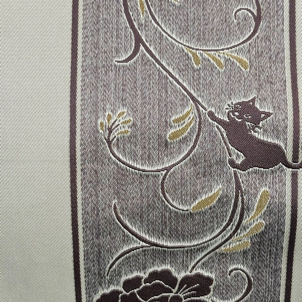 名古屋帯 秀品 八寸名古屋帯 松葉仕立て 猫 花唐草 薄茶色 正絹 【中古