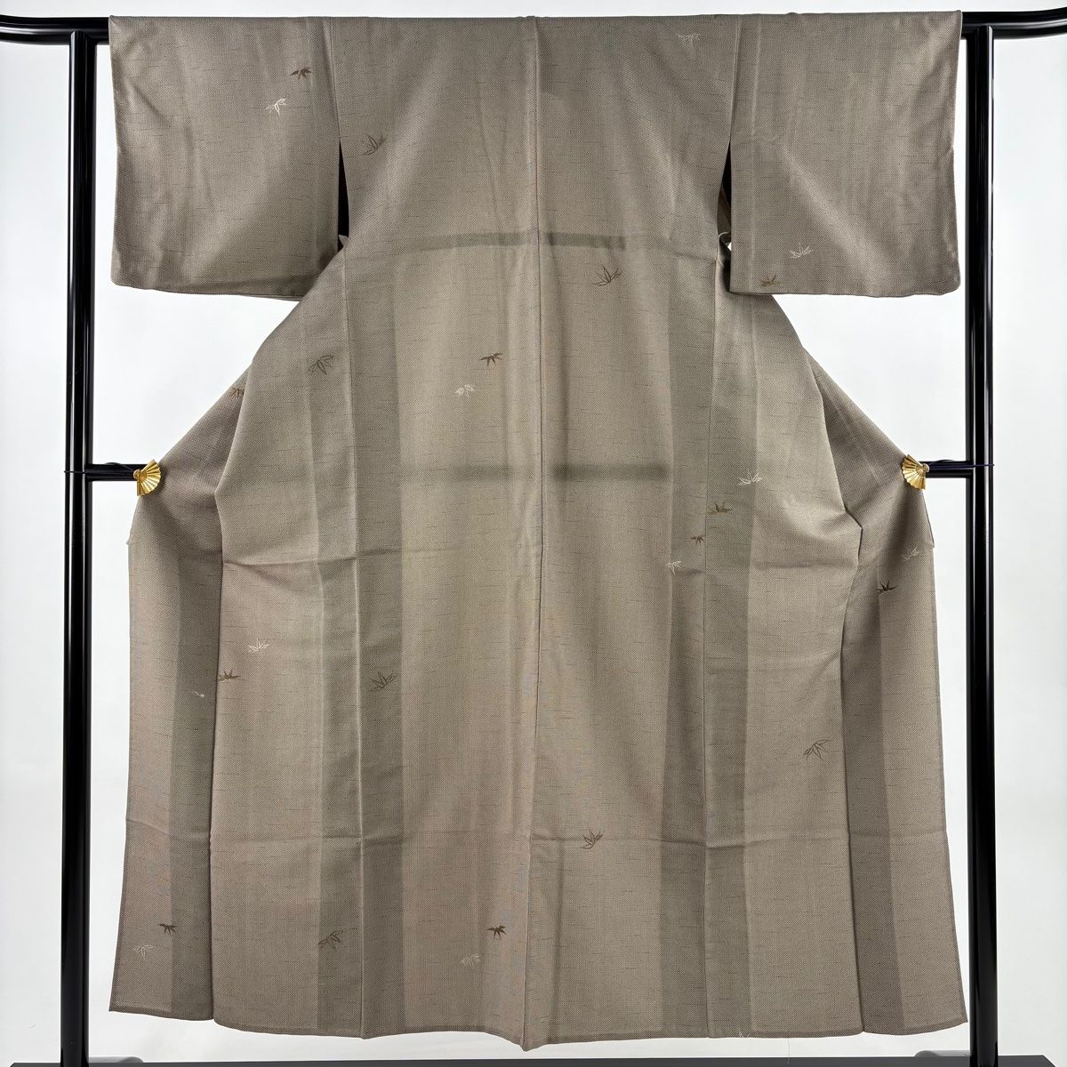 小紋 身丈151.5 cm 裄丈61.5 S 単衣 笹 幾何学 刺繍 灰茶 正絹 秀品