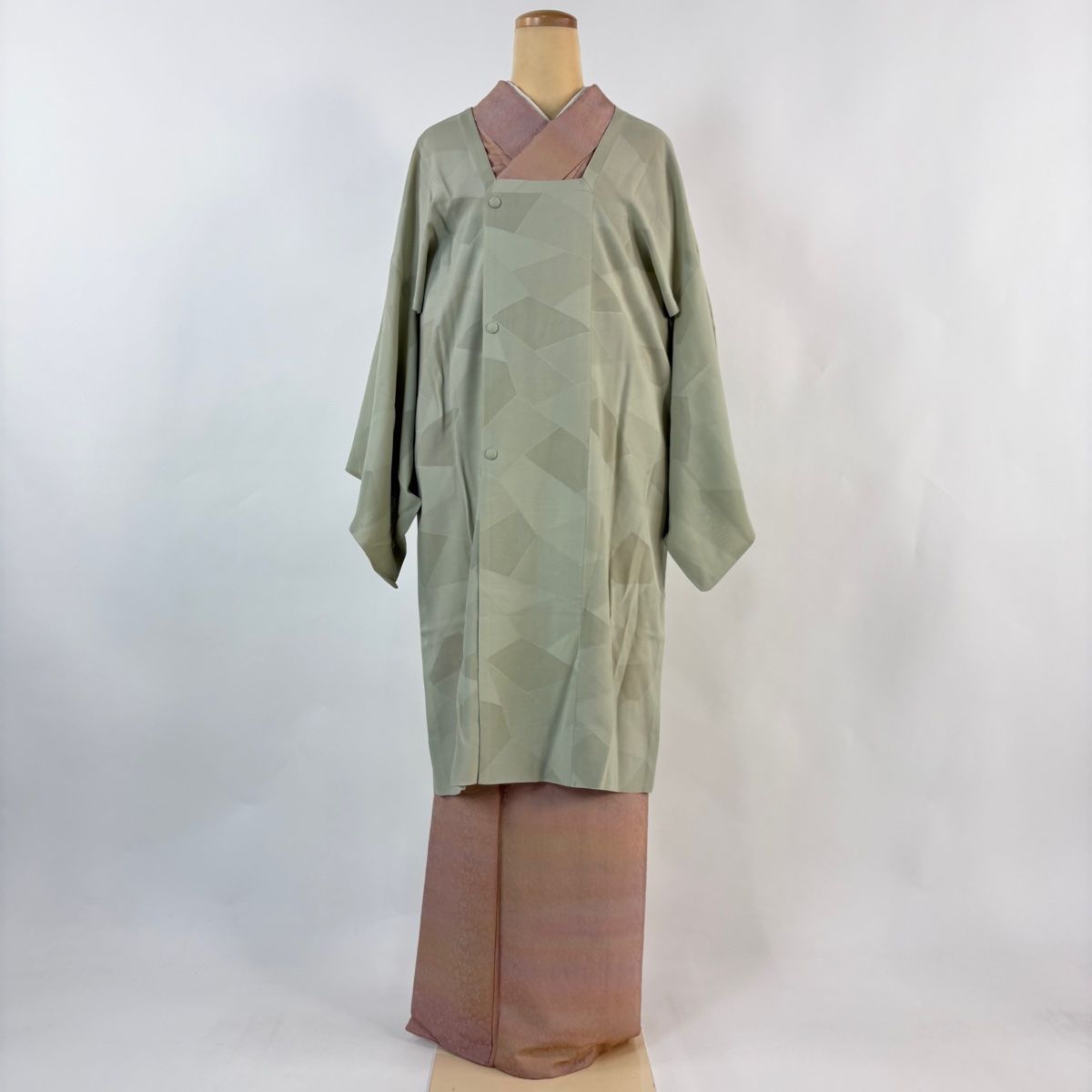 道行 身丈103 cm 裄丈64.5 M 和装コート 角衿 幾何学 灰緑 正絹 秀品