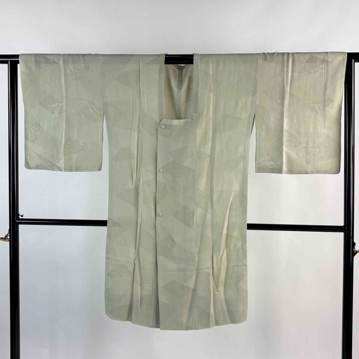  道行 身丈103 cm 裄丈64.5 M 和装コート 角衿 幾何学 灰緑 正絹 秀品 羽織 着物 浴衣