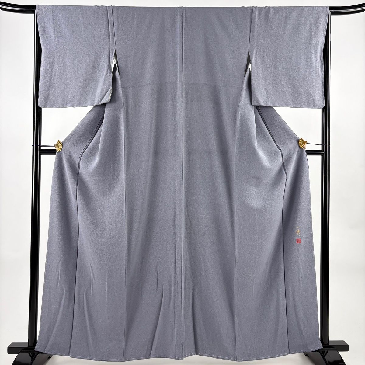 色無地 身丈161.5cm 裄丈65.5cm M 袷 草野一騎 落款 地紋 灰紫 正絹 秀