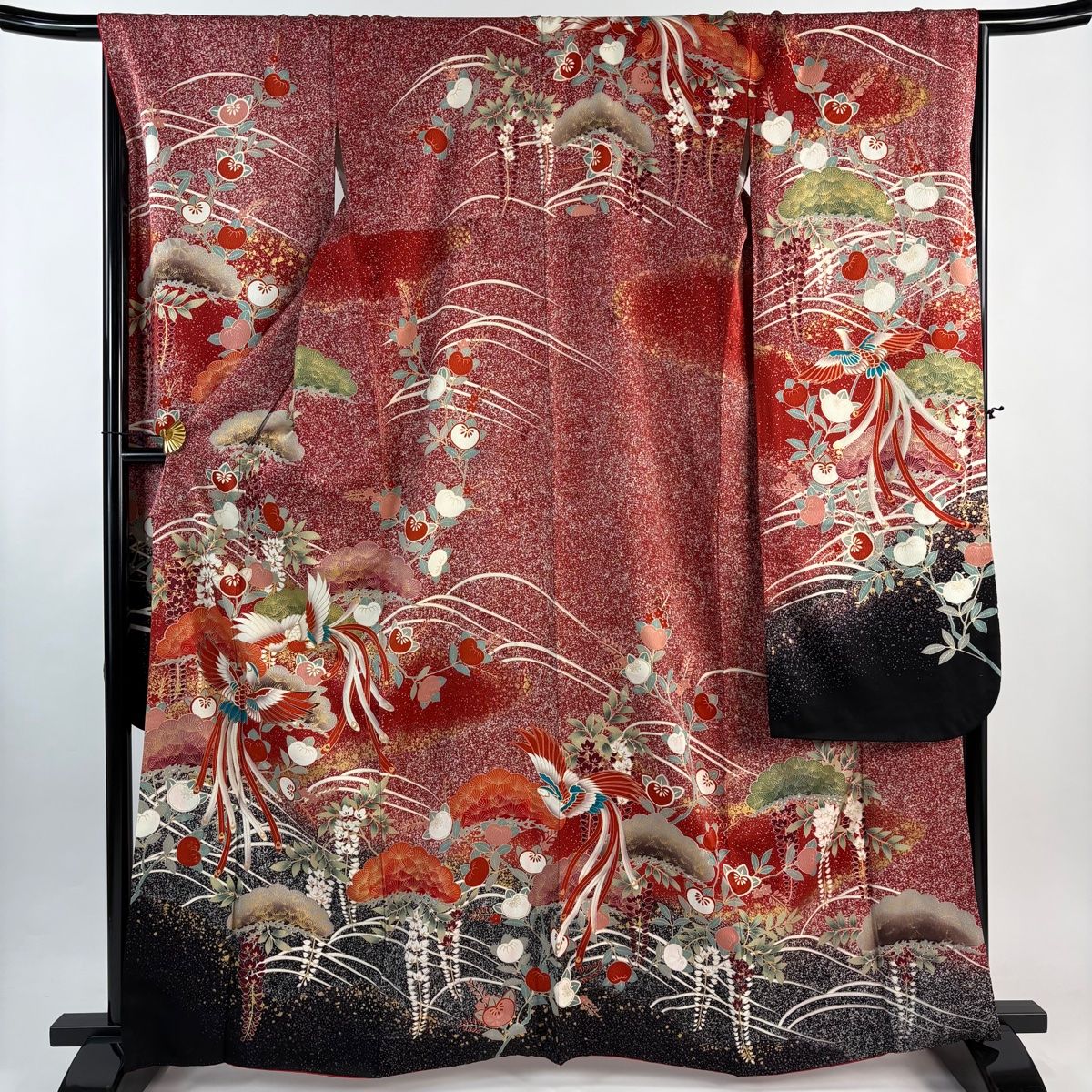振袖 身丈165cm 裄丈68cm L 袷 尾長鳥 笠松 金糸 金彩 赤 正絹 秀品