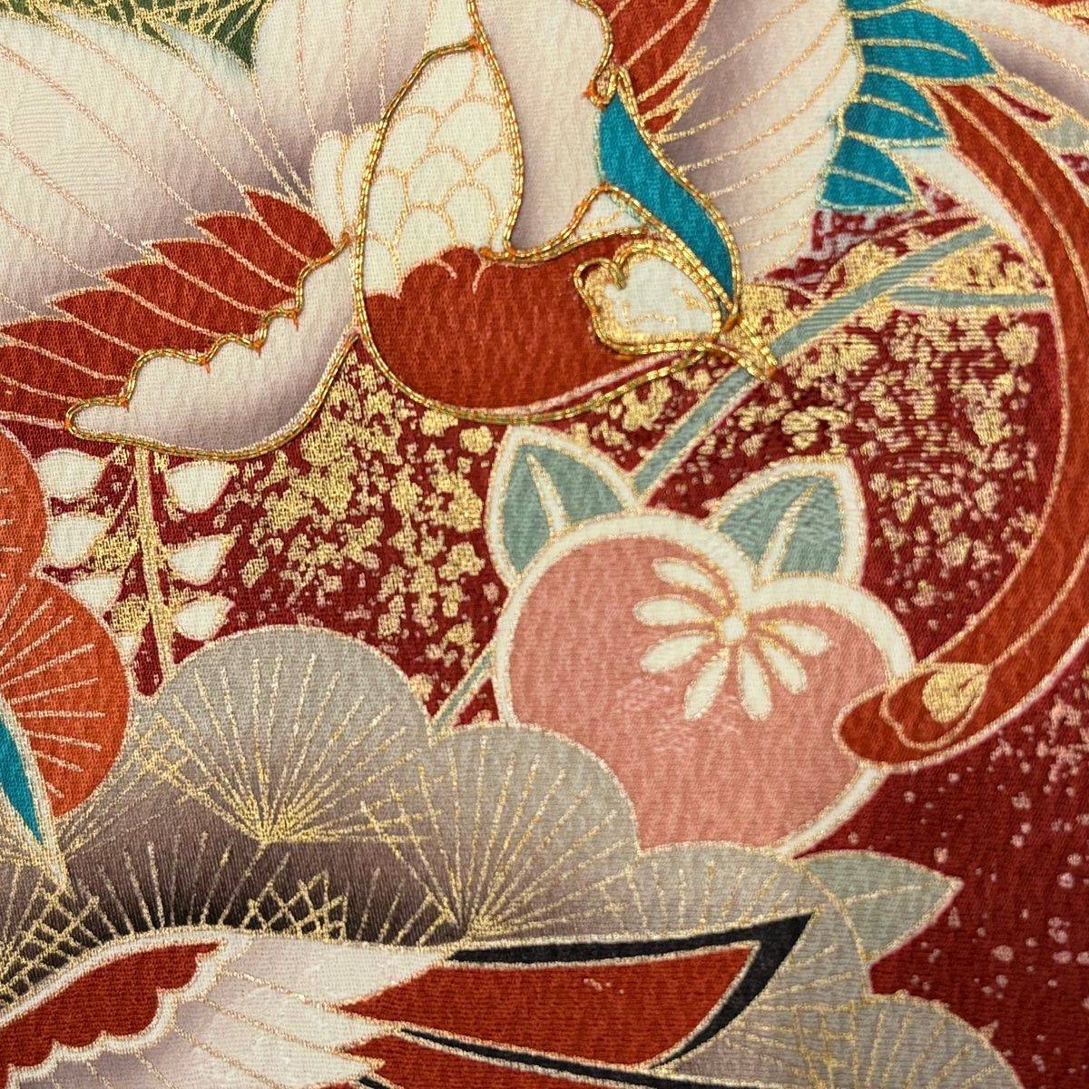 振袖 身丈165cm 裄丈68cm L 袷 尾長鳥 笠松 金糸 金彩 赤 正絹 秀品
