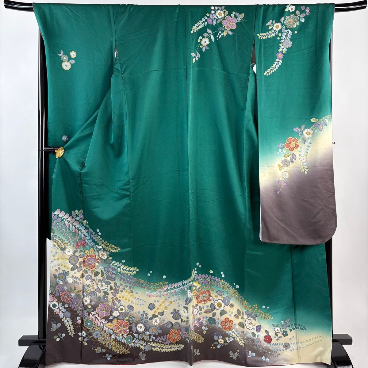 振袖 身丈167cm 裄丈69cm L 袷 牡丹 桜 金糸 金彩 緑 正絹 秀品 【中古