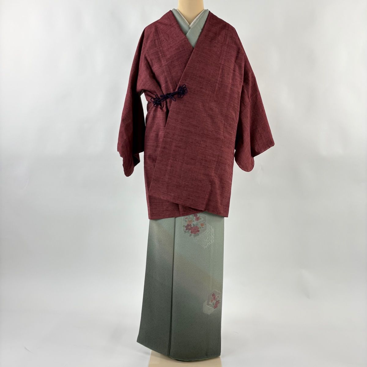 道中着 身丈88 cm 裄丈64 M 紬地 和装コート 赤紫 正絹 秀品