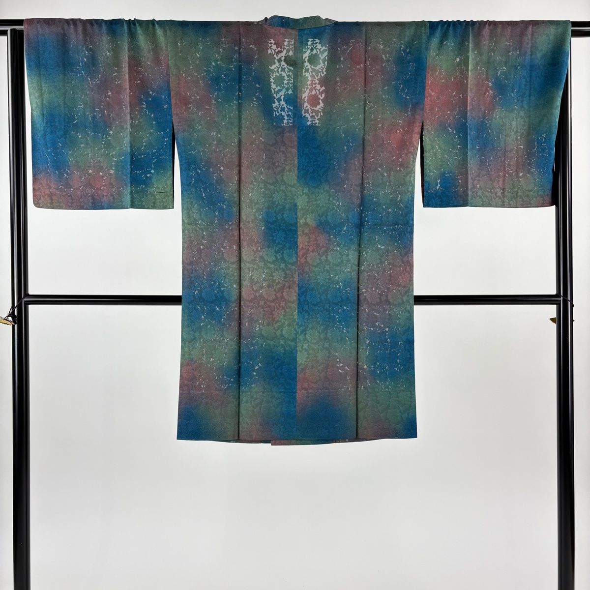 道行 身丈97 cm 裄丈65.5 M 和装コート 角衿 草花 染め分け ぼかし 青緑 正絹 秀品