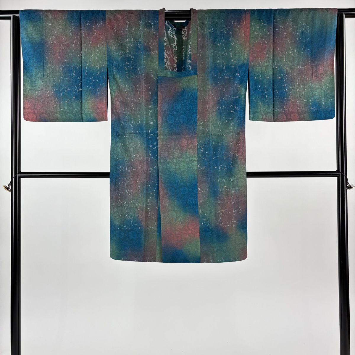  道行 身丈97 cm 裄丈65 5 M 和装コート 角衿 草花 染め分け ぼかし 青緑 正絹 秀品 羽織 着物 浴衣