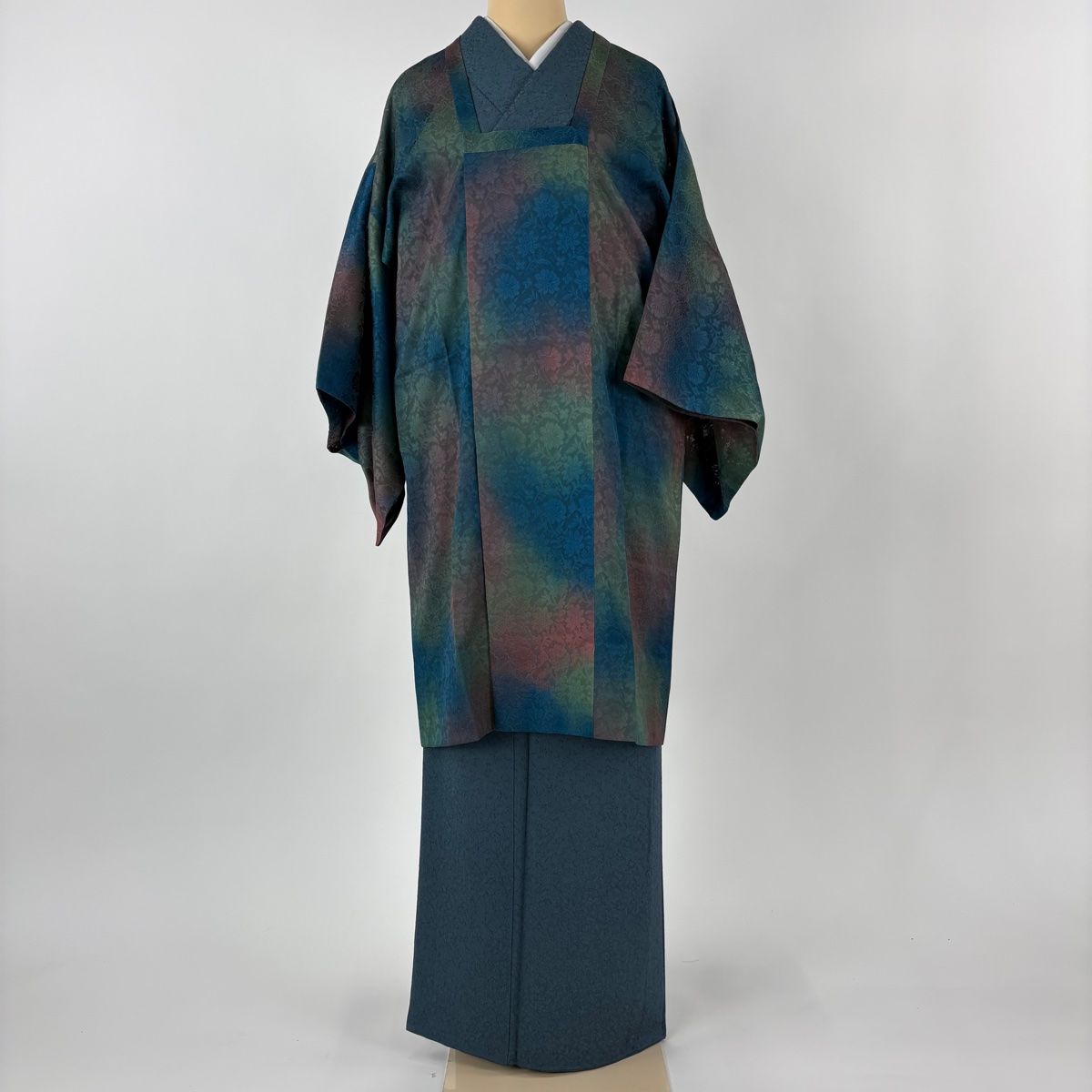 道行 身丈97 cm 裄丈65 5 M 和装コート 角衿 草花 染め分け ぼかし 青緑 正絹 秀品