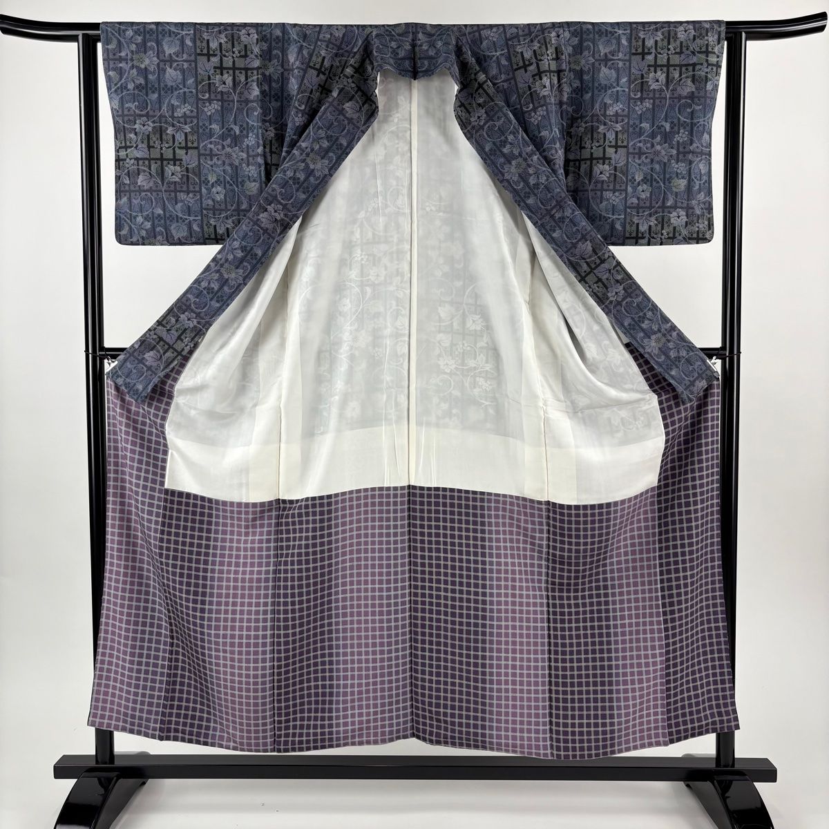  小紋 身丈155 cm 裄丈62 S 袷 葡萄唐草 幾何学模様 青紫 正絹 秀品 小紋 着物