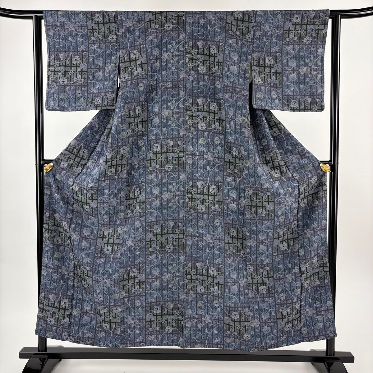 小紋 身丈155 cm 裄丈62 S 袷 葡萄唐草 幾何学模様 青紫 正絹 秀品