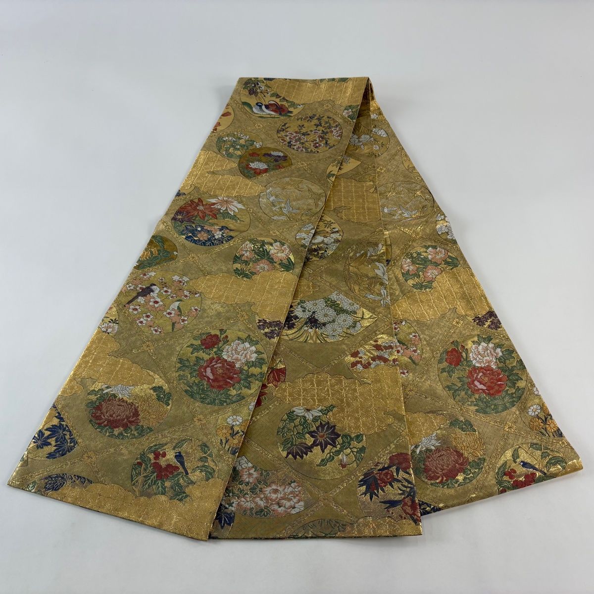  丸帯 名品 花鳥 格天井 箔 金糸 金色 全通 正絹 丸帯 帯