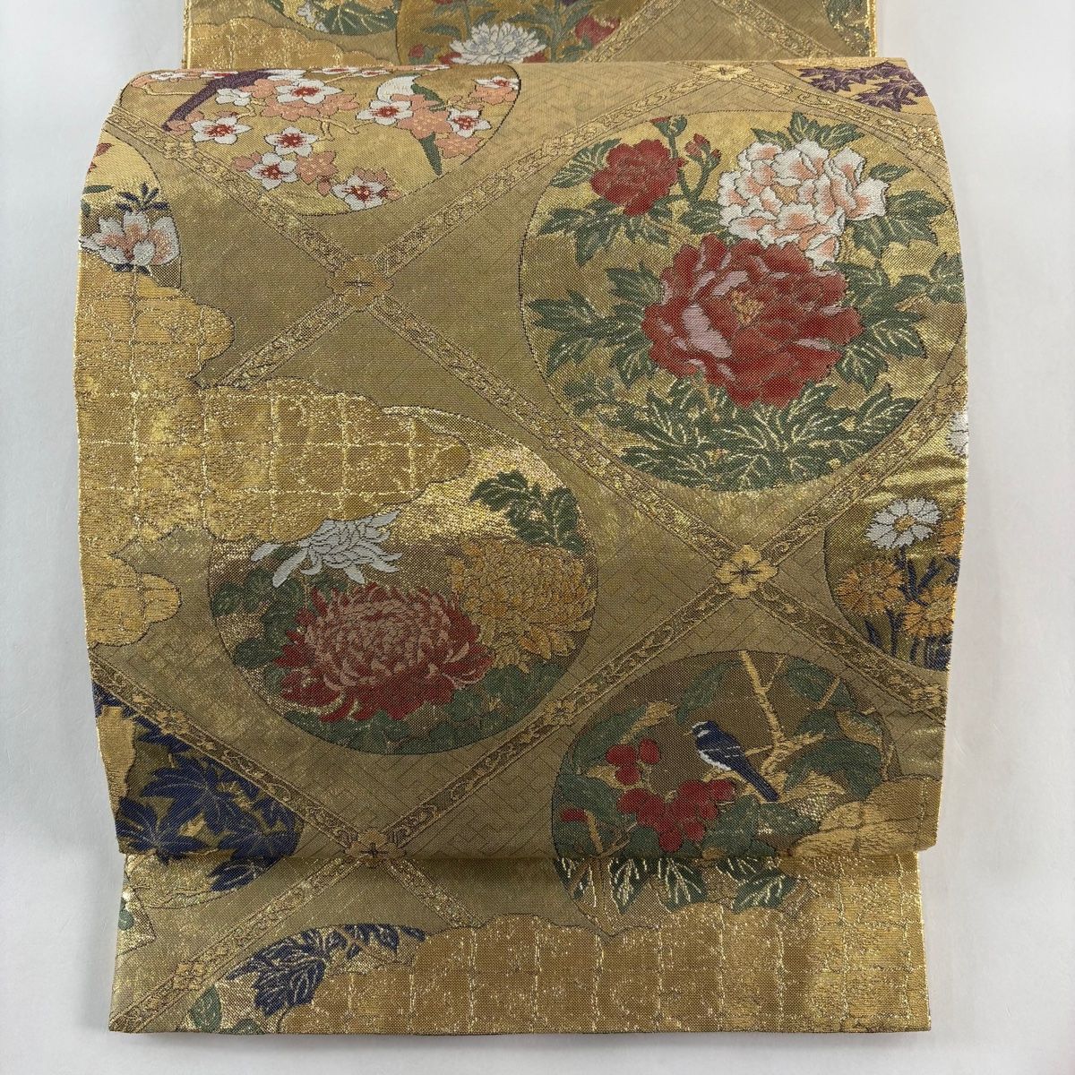 丸帯 名品 花鳥 格天井 箔 金糸 金色 全通 正絹