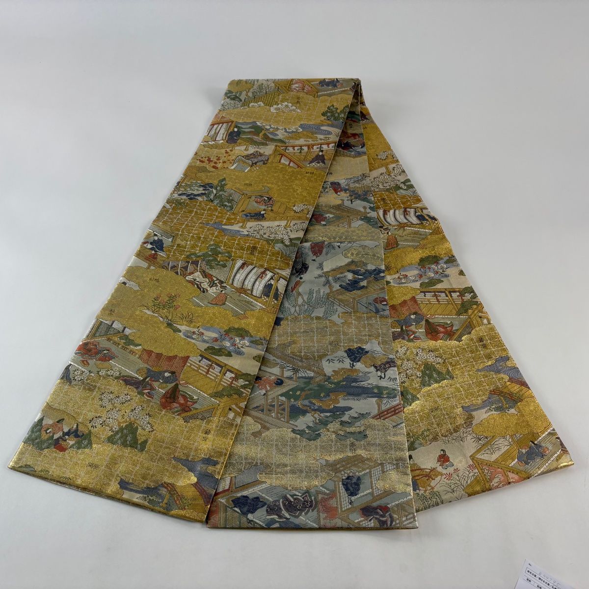  丸帯 人物 建物 箔 金色 全通 正絹 丸帯 帯