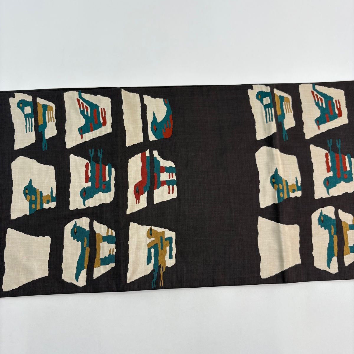 袋帯 名品 木屋太 落款 紬地 鳥 幾何学 茶紫 六通 正絹 【中古