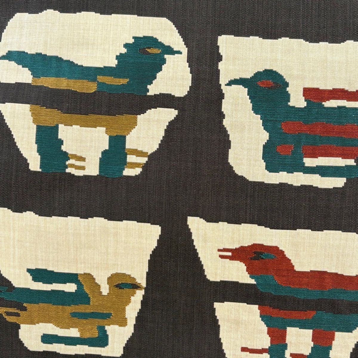 袋帯 名品 木屋太 落款 紬地 鳥 幾何学 茶紫 六通 正絹 【中古