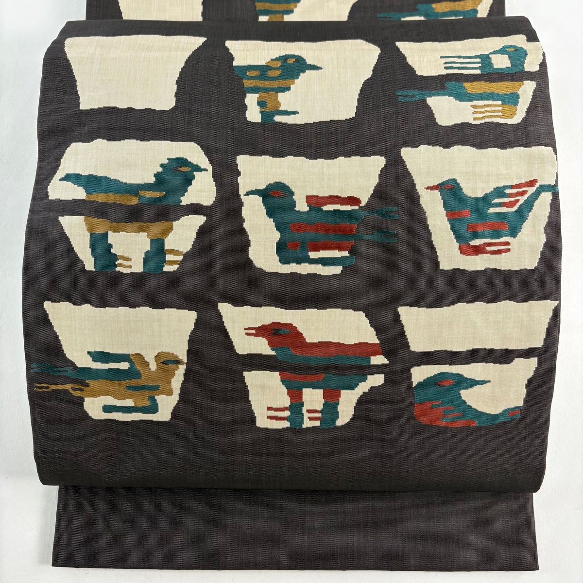 袋帯 名品 木屋太 落款 紬地 鳥 幾何学 茶紫 六通 正絹 【中古