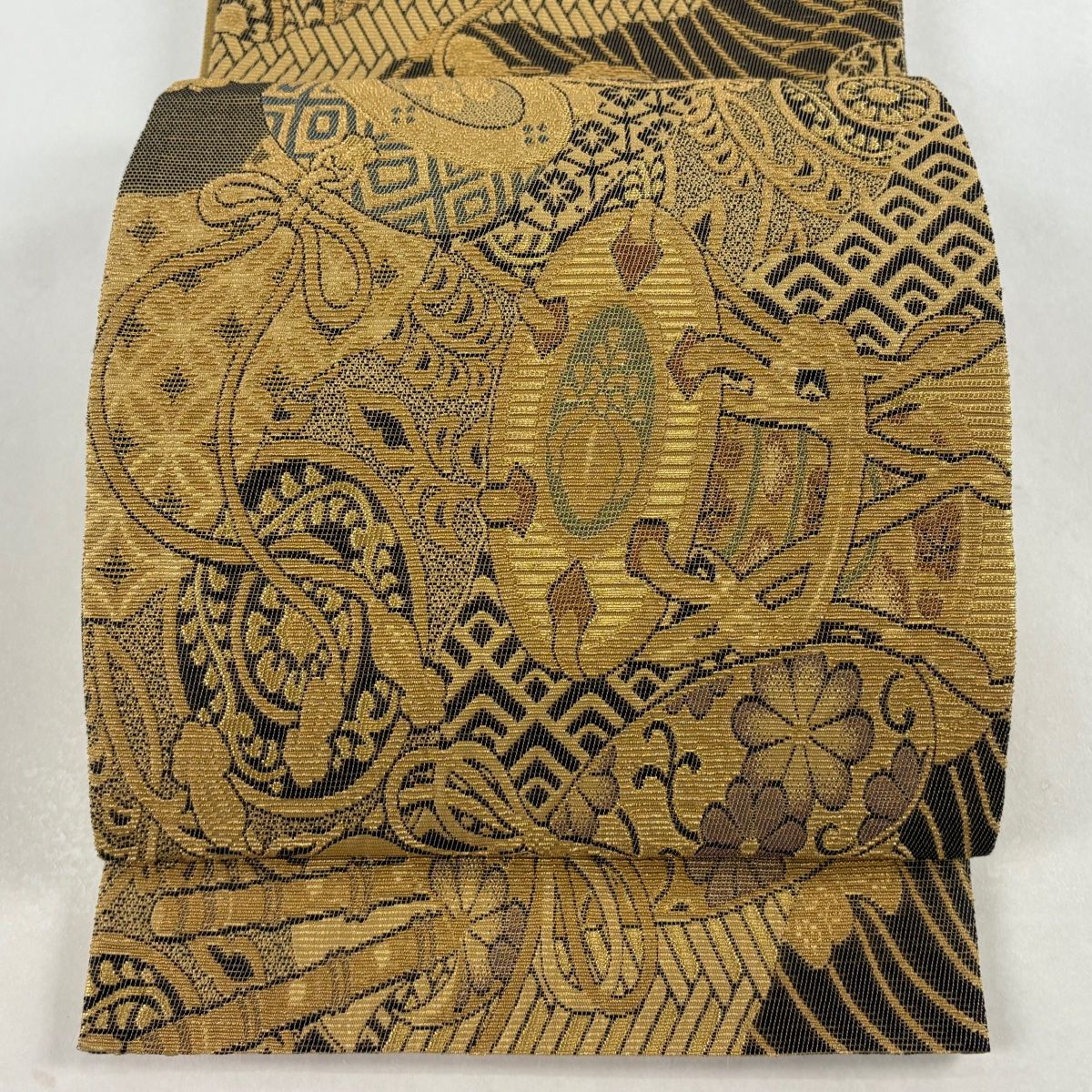 【美品】 袋帯 名品 鼓 笛 金糸 山吹茶色 六通 正絹 【】