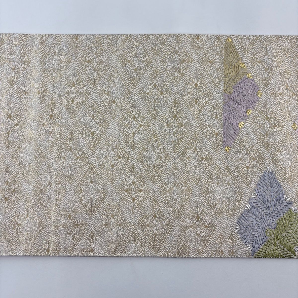 美品】 袋帯 名品 若松 菱 金銀糸 刺繍 ベージュ 六通 正絹 【中古