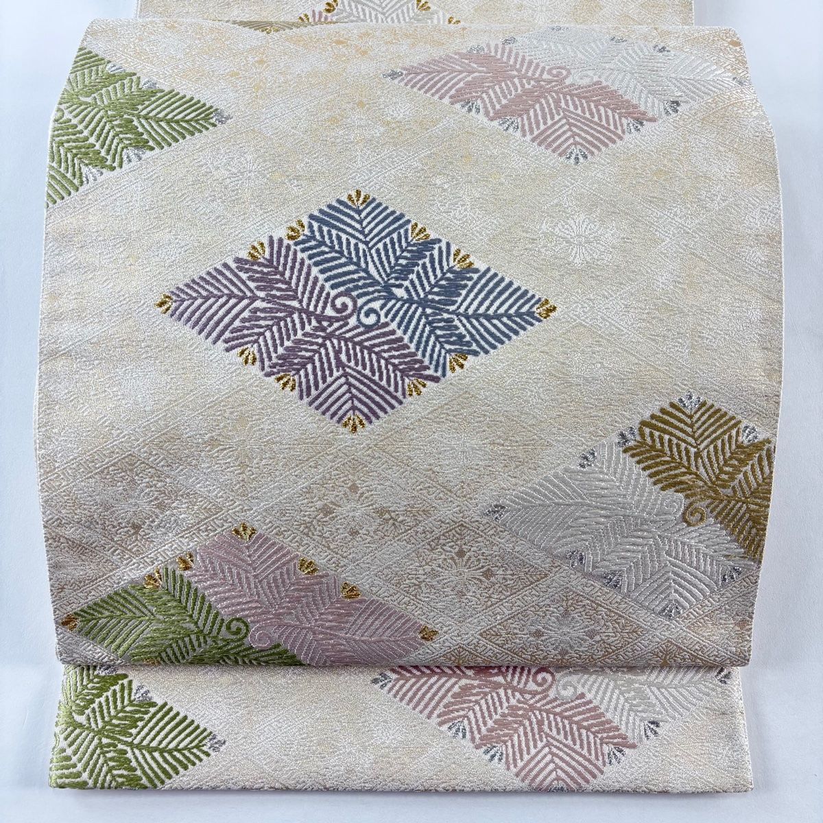 美品】 袋帯 名品 若松 菱 金銀糸 刺繍 ベージュ 六通 正絹 【中古