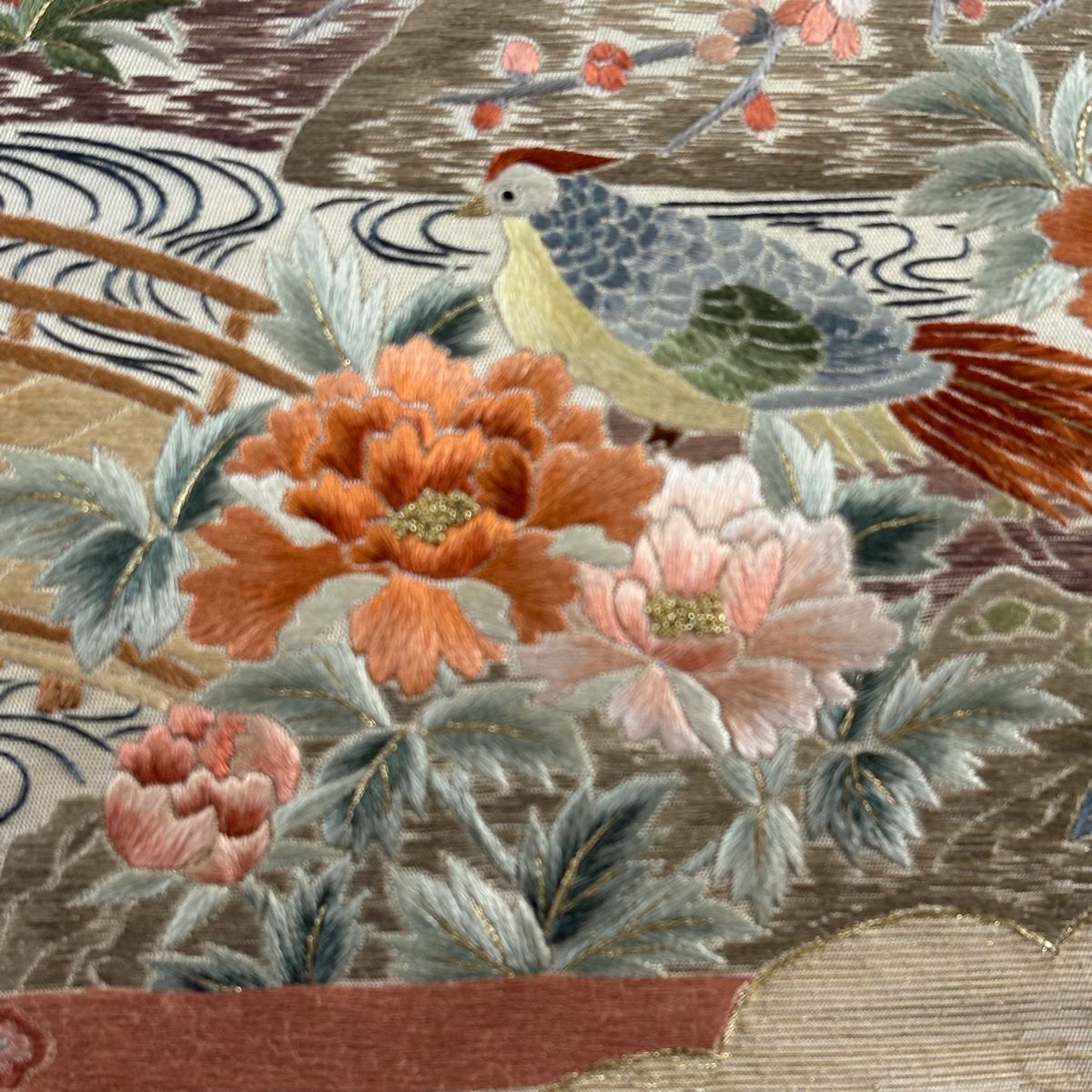 美品】 袋帯 逸品 リバーシブル 枝垂れ桜 松竹梅 箔 ベージュ お太鼓柄
