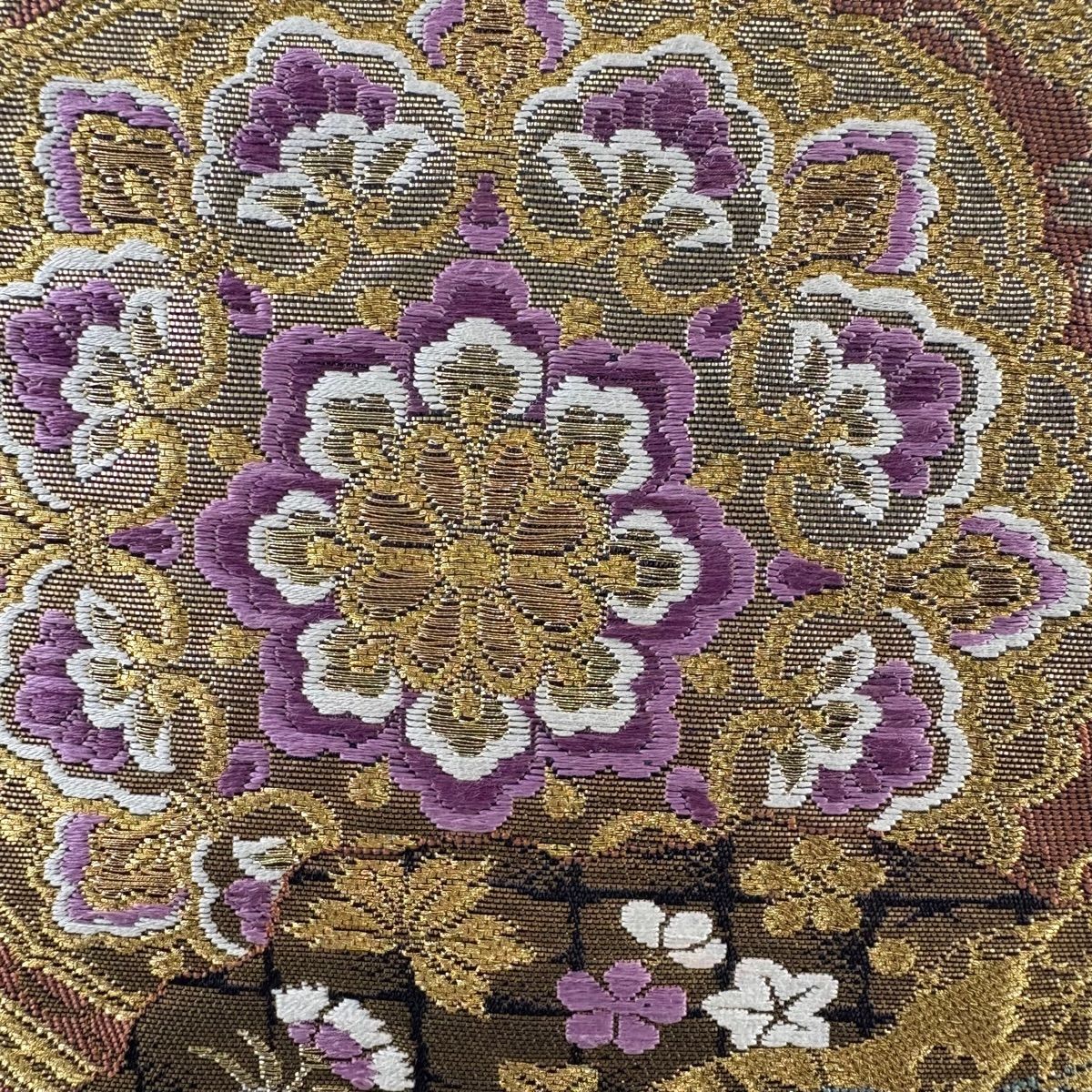 美品】 袋帯 名品 じゅらく 落款 じゅらく帝王紫 華文 蝶 箔 金糸 黒灰