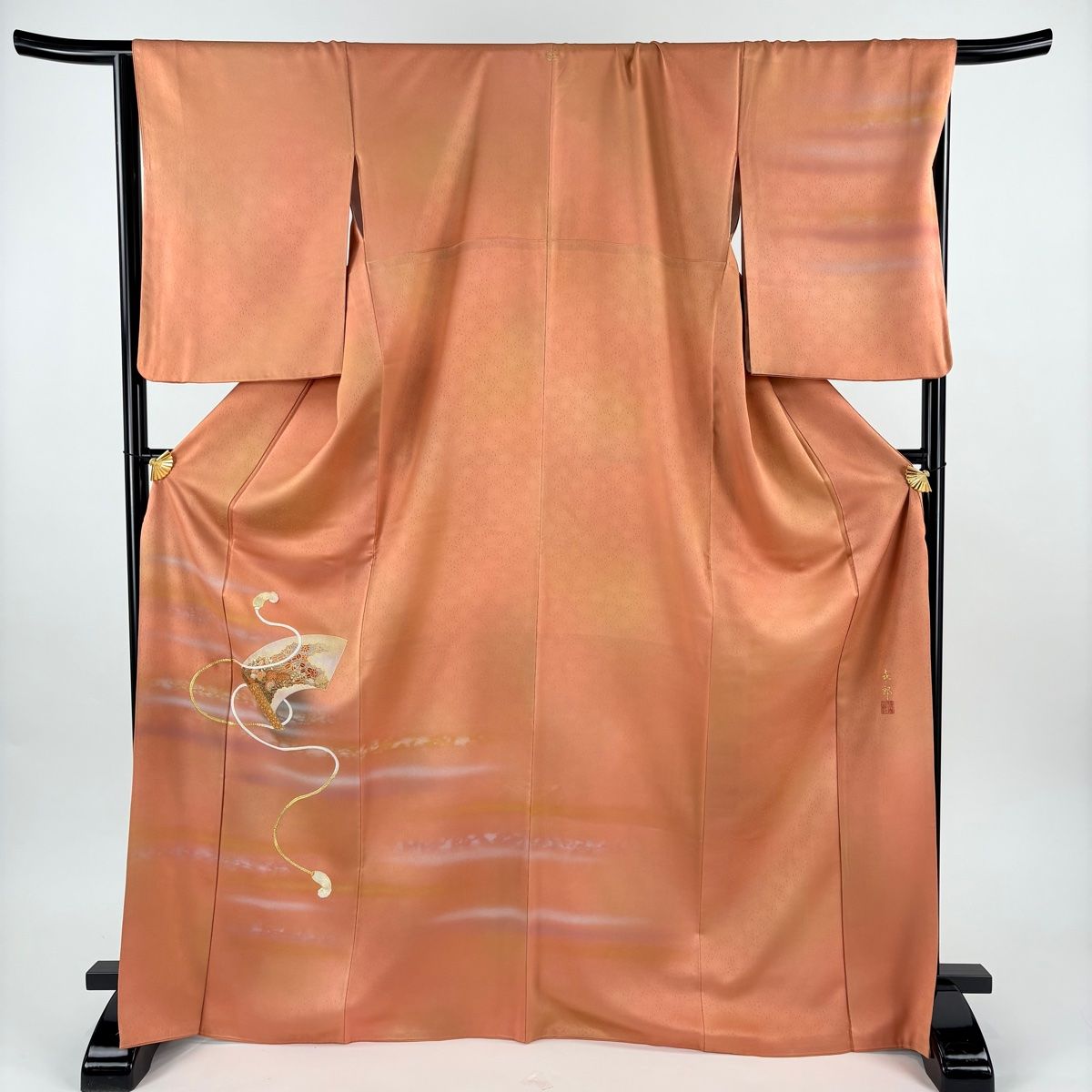付下げ 身丈170 cm 裄丈67.5 L 袷 人間国宝 福田喜重 落款 扇面 組紐 金糸 刺繍 オレンジ 正絹 一つ紋
