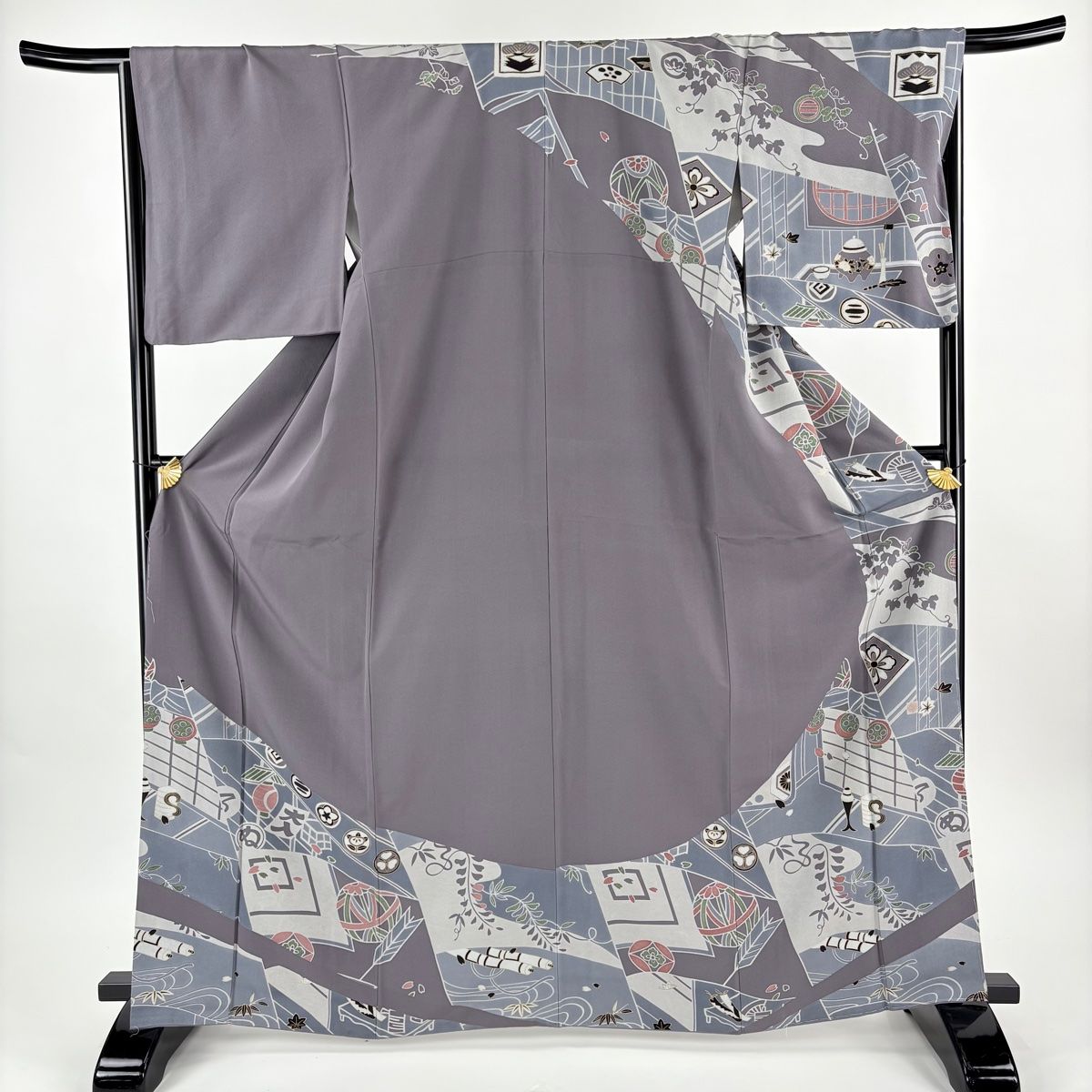 訪問着 身丈165.5 cm 裄丈67 M 袷 落款 手鞠 矢羽根 金彩 灰紫 正絹 名品