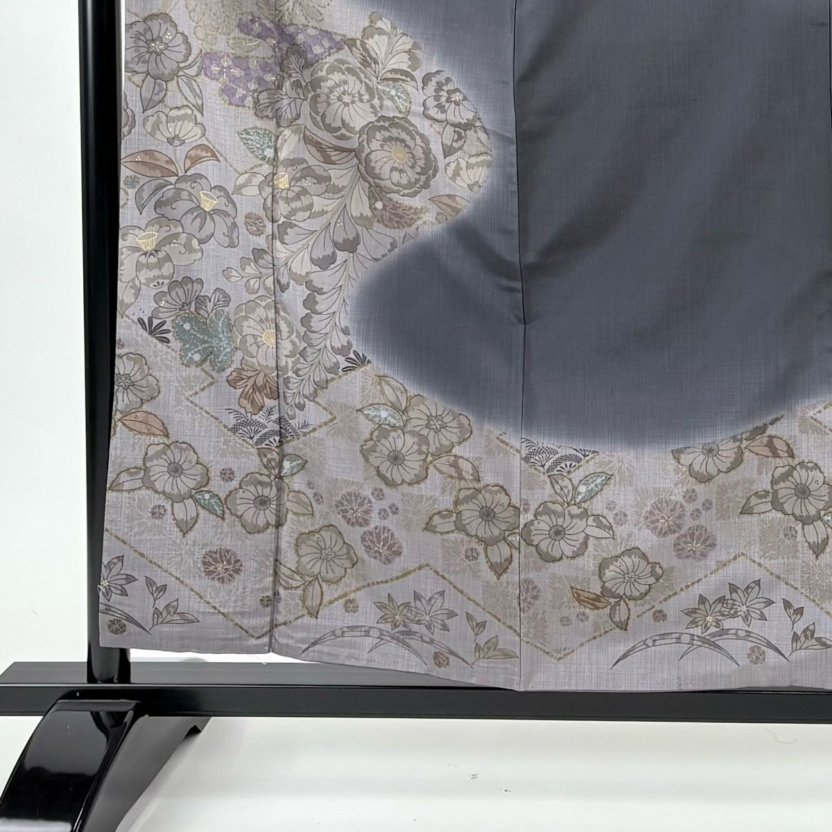 訪問着 身丈158.5 cm 裄丈63.5 S 袷 紬地 草花 松川菱 金彩 墨色 正絹