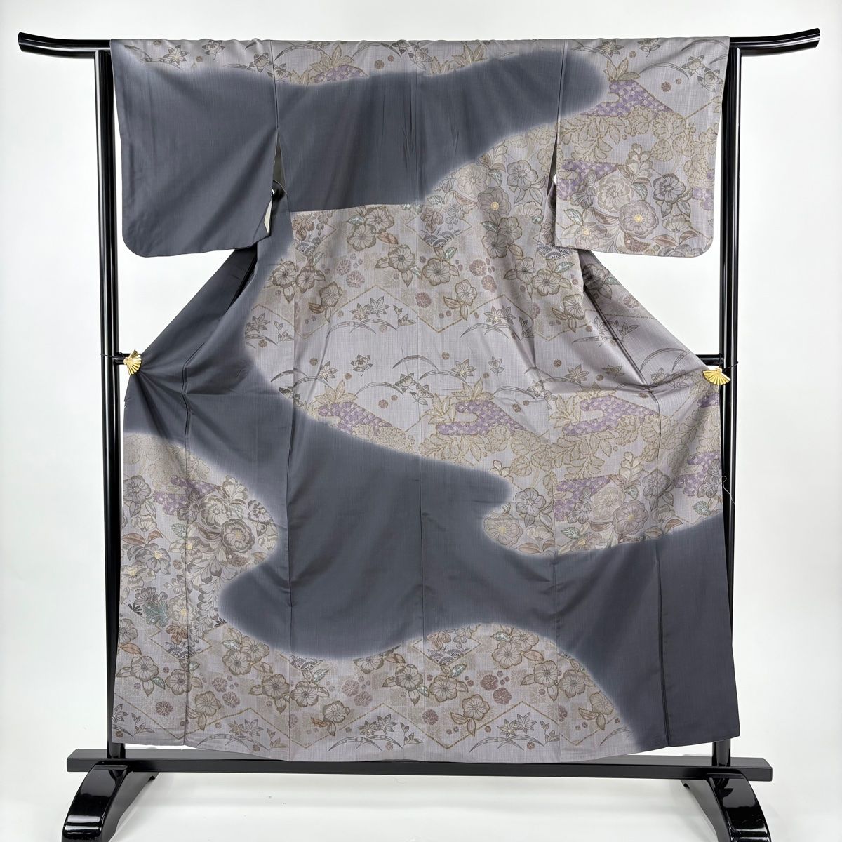 訪問着 身丈158.5 cm 裄丈63.5 S 袷 紬地 草花 松川菱 金彩 墨色 正絹 名品