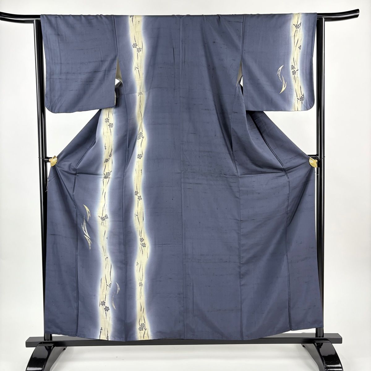 付下げ 身丈160 cm 裄丈63.5 S 袷 紬地 草花 幾何学 金銀彩 箔 紺色 正絹 名品