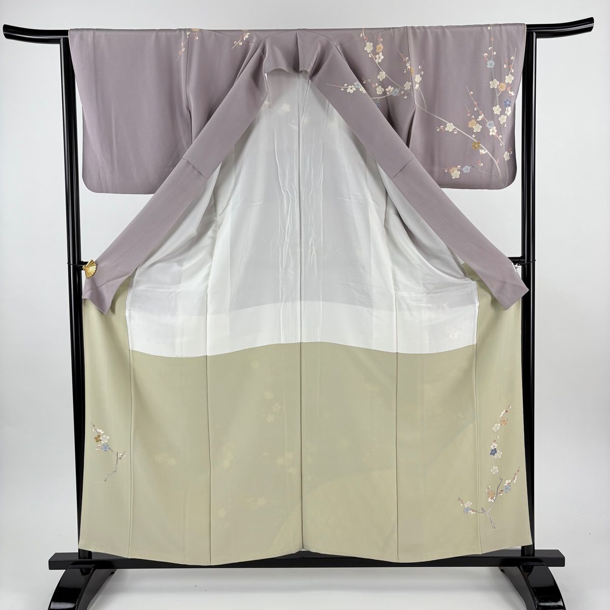  訪問着 身丈158.5 cm 裄丈64 M 袷 落款 枝梅 間垣 染め分け 灰紫 正絹 訪問着 付け下げ 着物