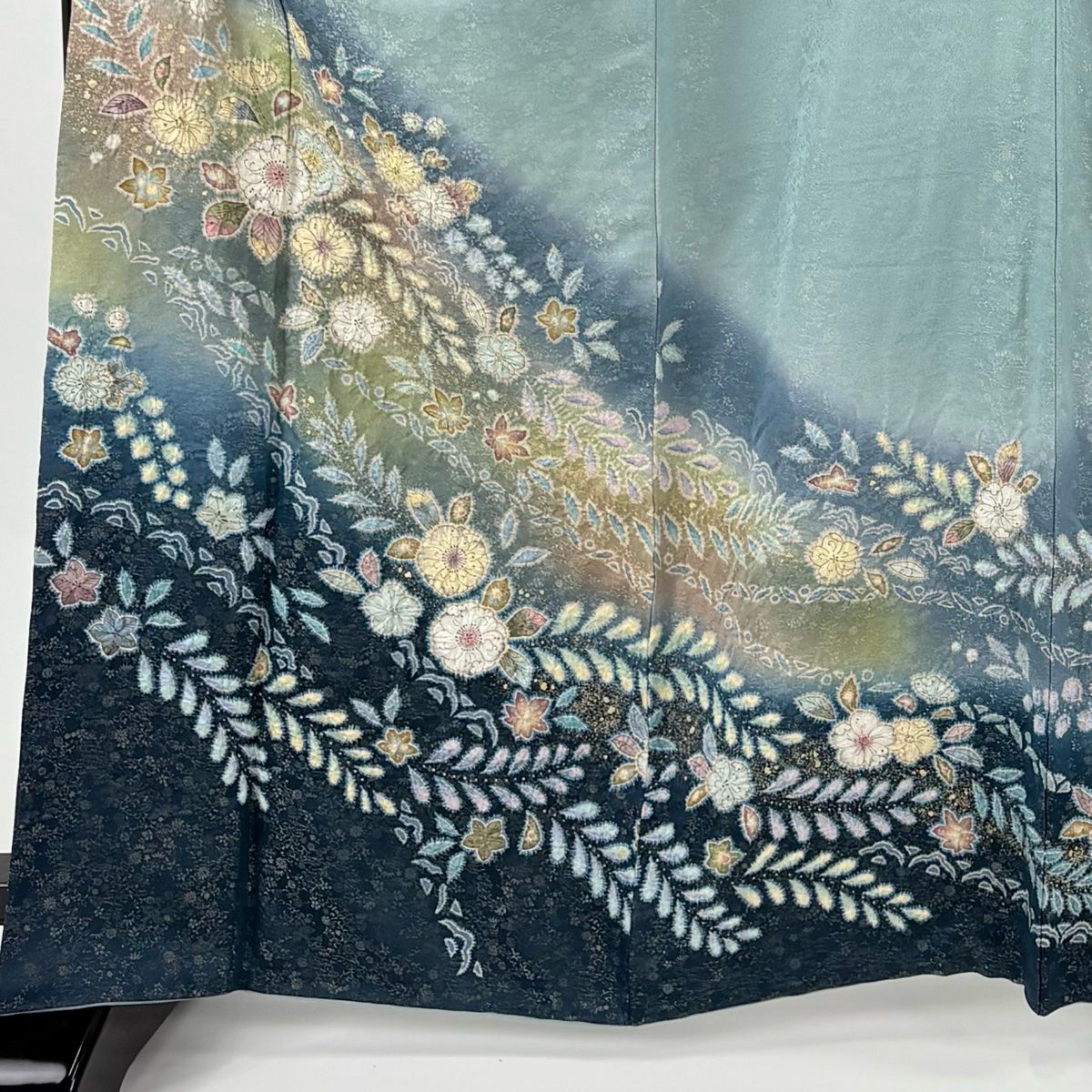 訪問着 身丈166.5 cm 裄丈66 M 袷 落款 辻が花 地紋 金彩 金通し 灰緑 正絹